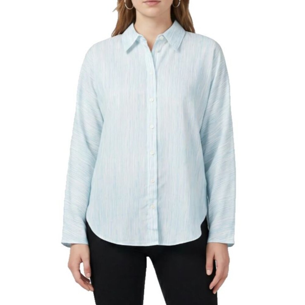 Calvin Klein Women Pointed Collar Space Dye Long Sleeve Shirt Size L Blue White